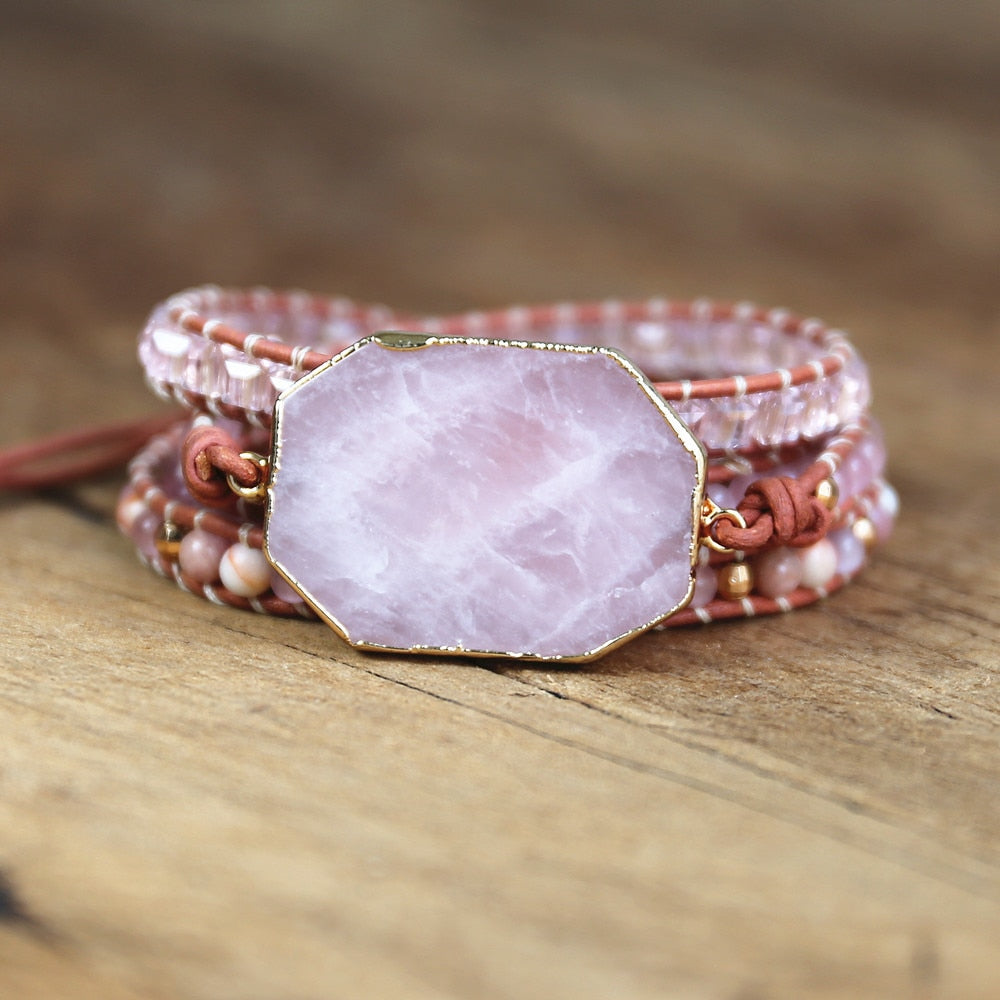 Handmade Pink Quartz Leather Bracelet