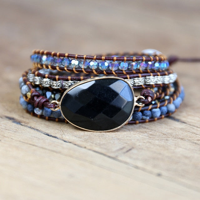 Handmade Leather Bracelet Black Onyx